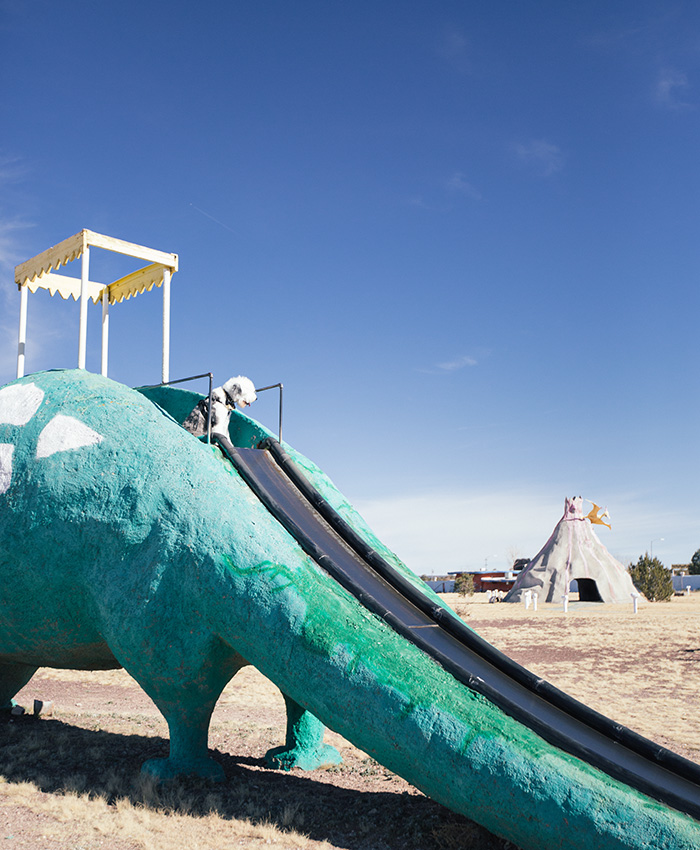 Flintstone's Bedrock City Dinosaur Slide with a Dog