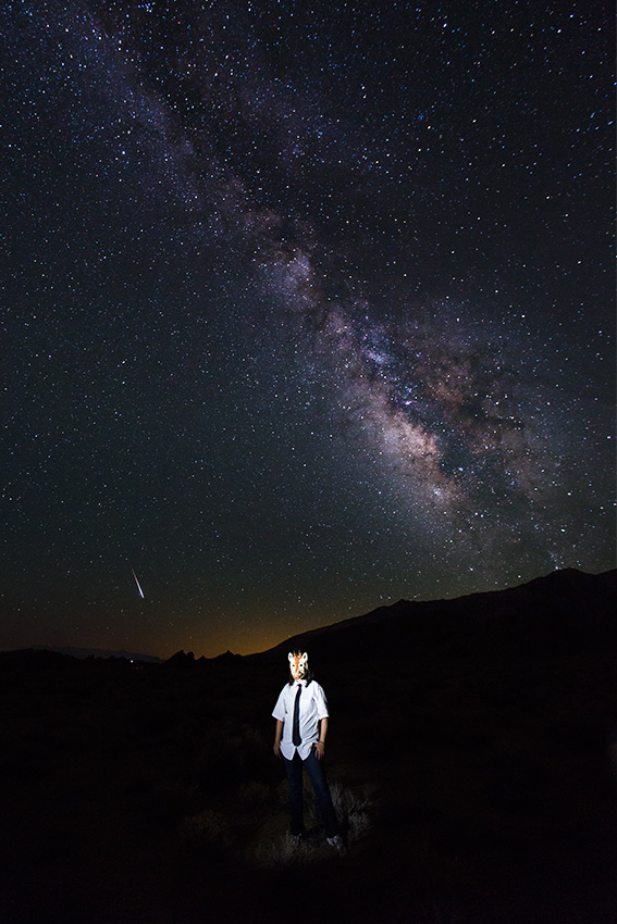 Kayla, a mask, and the Milky Way-Alabama Hills