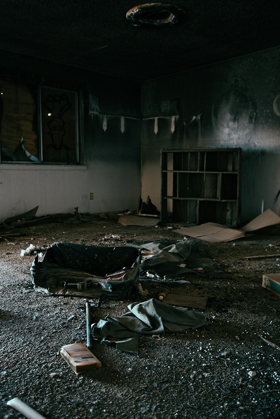 Burned out house in abandoned town