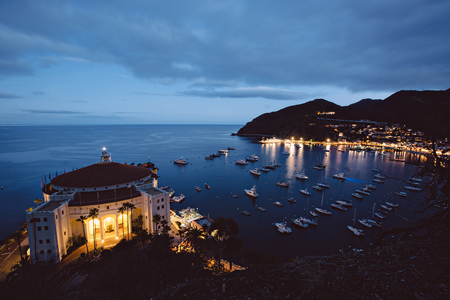 Avalon Casino and harbor at night from the overlook