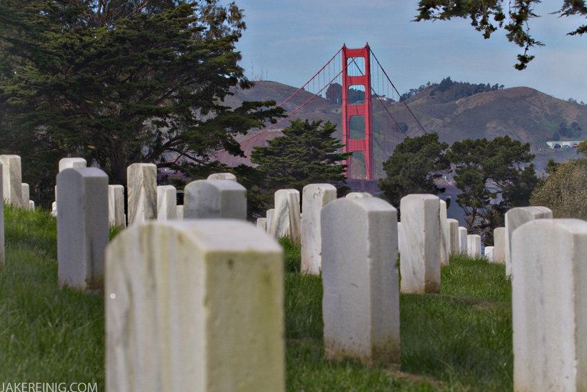 The Golden Gate, viewed from the National Cemetery at the Presidio