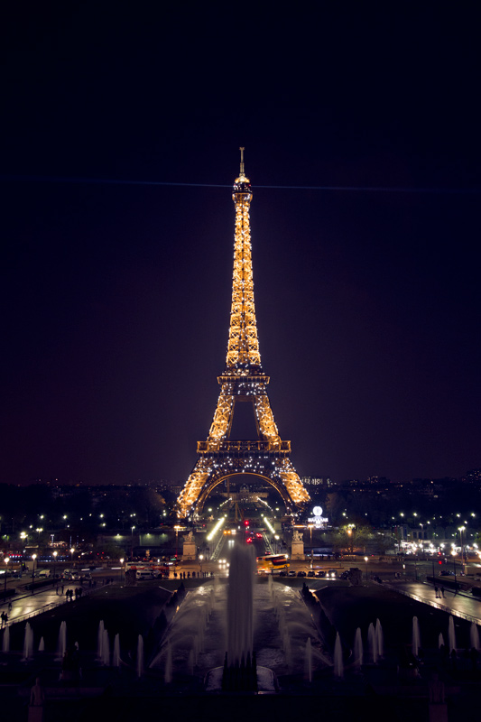 Eiffel Tower at night during the light show