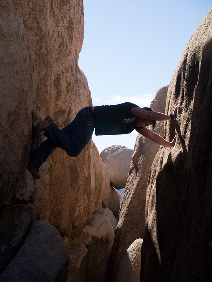 Me, doing a chimney climb at Hall of Horrors, Joshua Tree